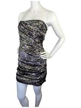 Vintage Le Château Leopard Print Satin Strapless Mini Dress Made in Canada Small